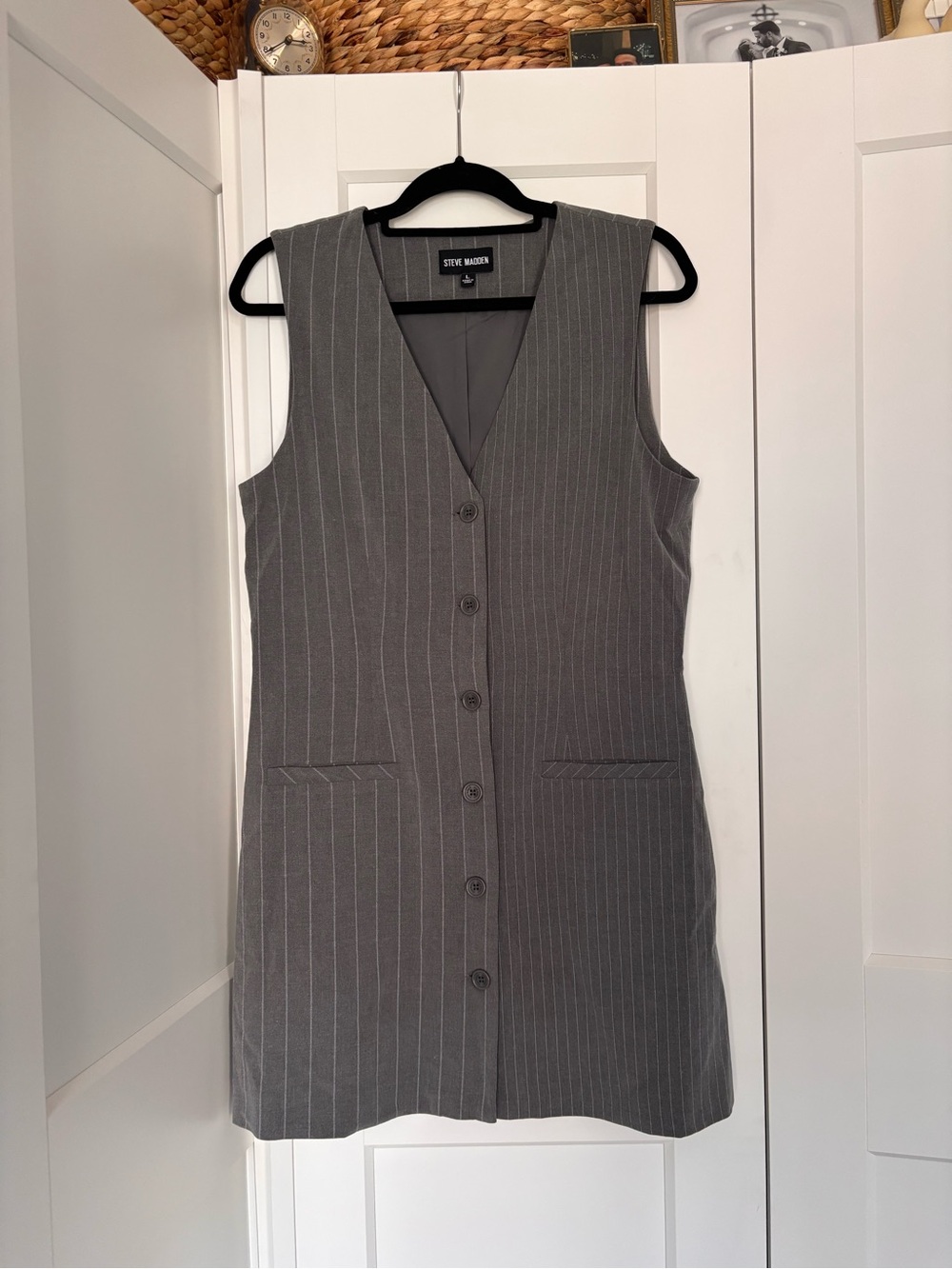 Steve Madden Gray Pinstripe Button-Front Shift Dress